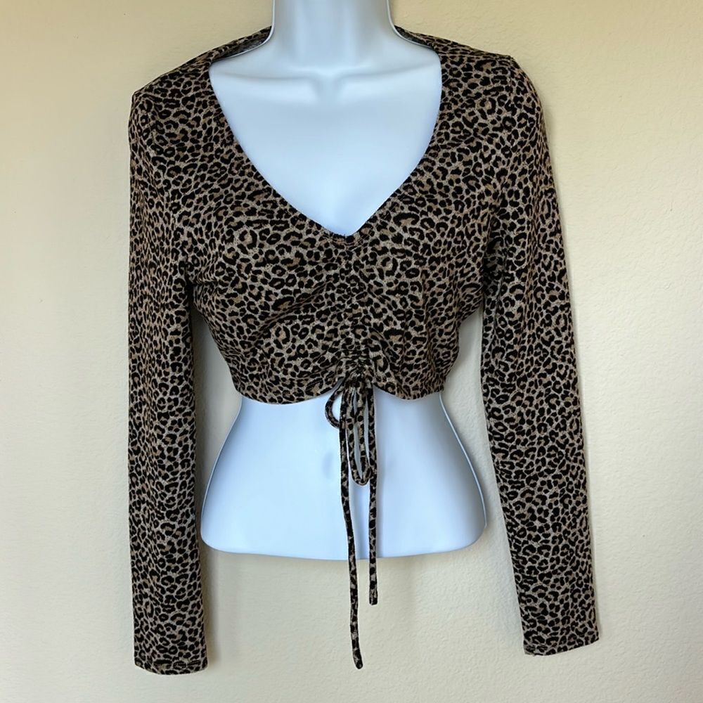 Emory Park Leopard Cheetah Animal Print Crop Cropped Long Sleeve Shirt‎ small